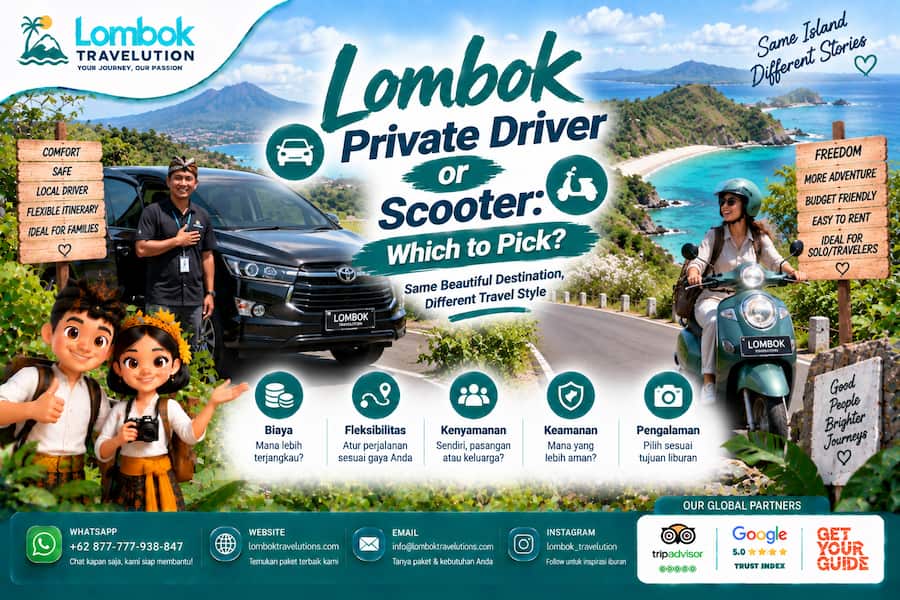 Lombok private driver or scooter comparison for exploring beaches, villages, and scenic roads