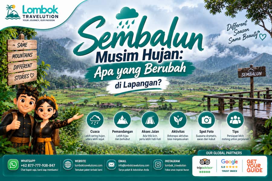 Sembalun in the rainy season with misty mountains, green rice fields, wet roads, and changing travel conditions