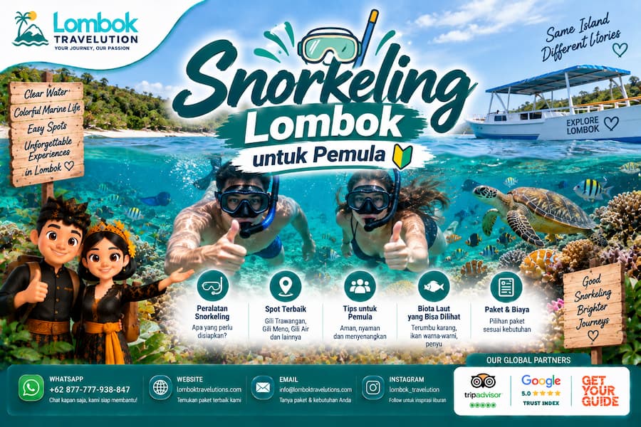 Snorkeling Lombok untuk pemula dengan air jernih, terumbu karang, ikan tropis, dan perlengkapan snorkeling