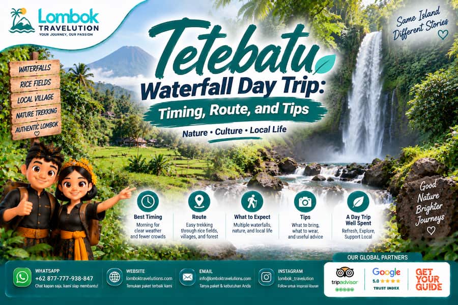 Tetebatu Waterfall day trip in Lombok with tropical scenery, walking route, travel timing, and practical tips
