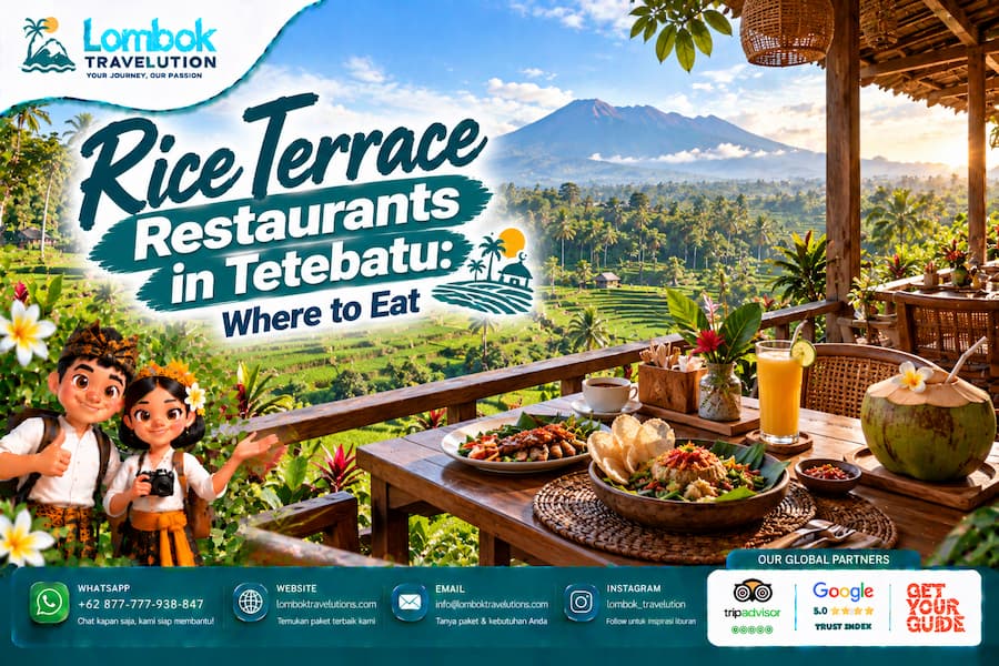 Rice terrace restaurants in Tetebatu with local Lombok food, scenic rice fields, and Mount Rinjani views