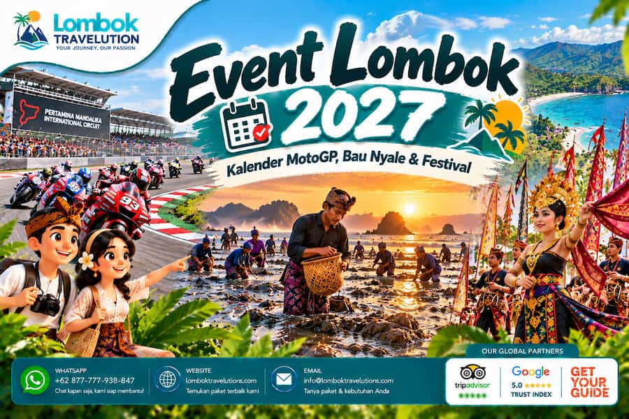 Ilustrasi Event Lombok 2027 dengan MotoGP Mandalika, tradisi Bau Nyale, festival budaya Sasak, dan panorama pesisir Lombok.