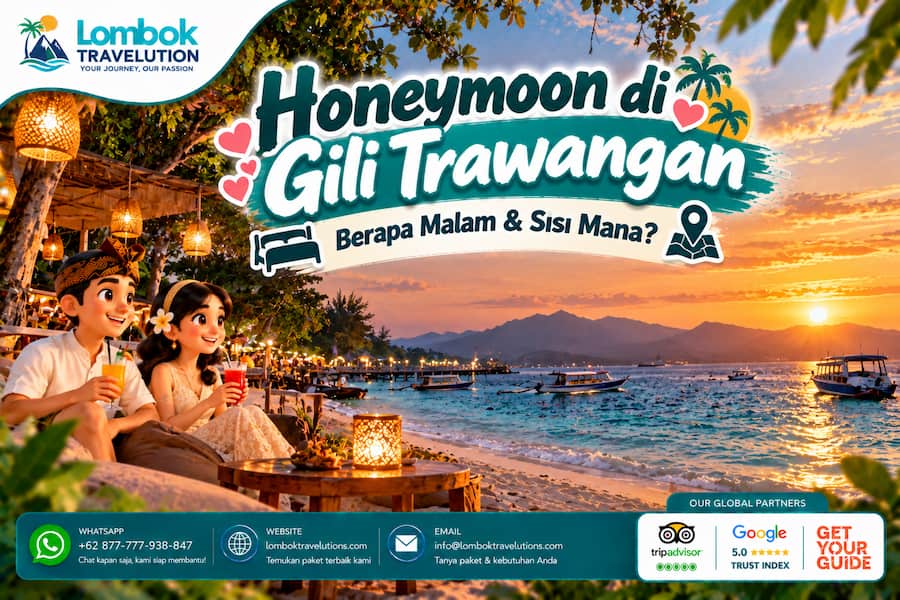 Pasangan honeymoon di Gili Trawangan menikmati suasana romantis saat matahari terbenam di tepi pantai dengan perahu dan laut biru.
