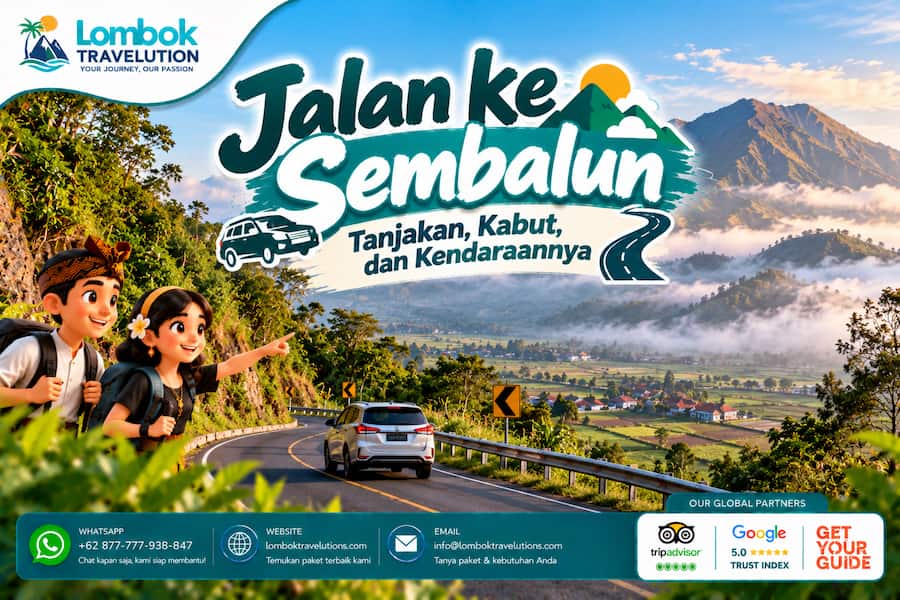 Jalan menuju Sembalun Lombok dengan tanjakan berkelok, kabut pegunungan, kendaraan, dan panorama Gunung Rinjani.