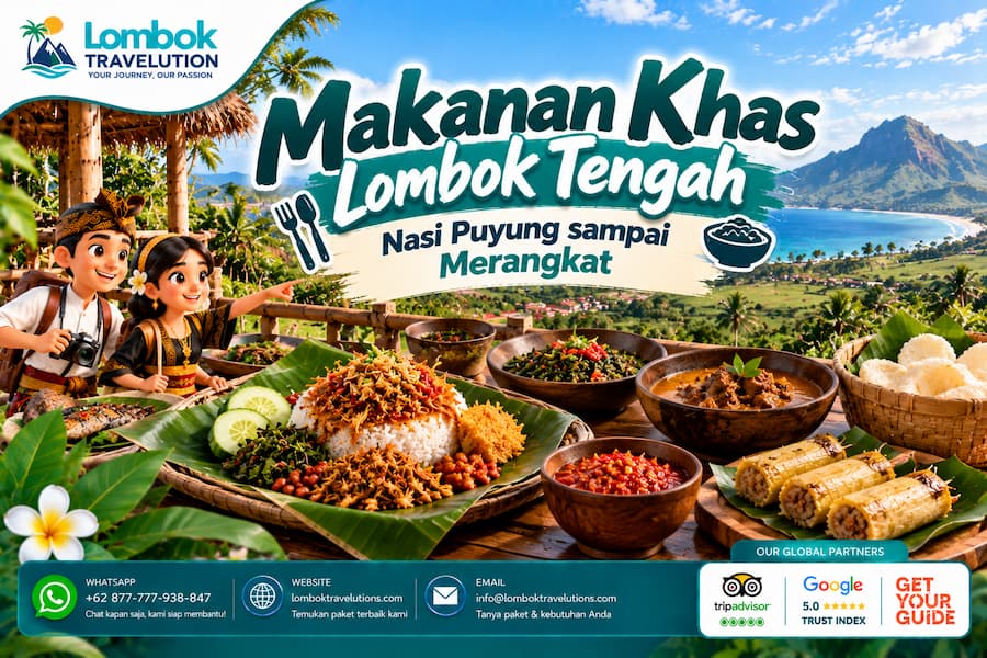 Makanan khas Lombok Tengah berupa Nasi Puyung, sambal pedas, lauk tradisional, dan Merangkat.