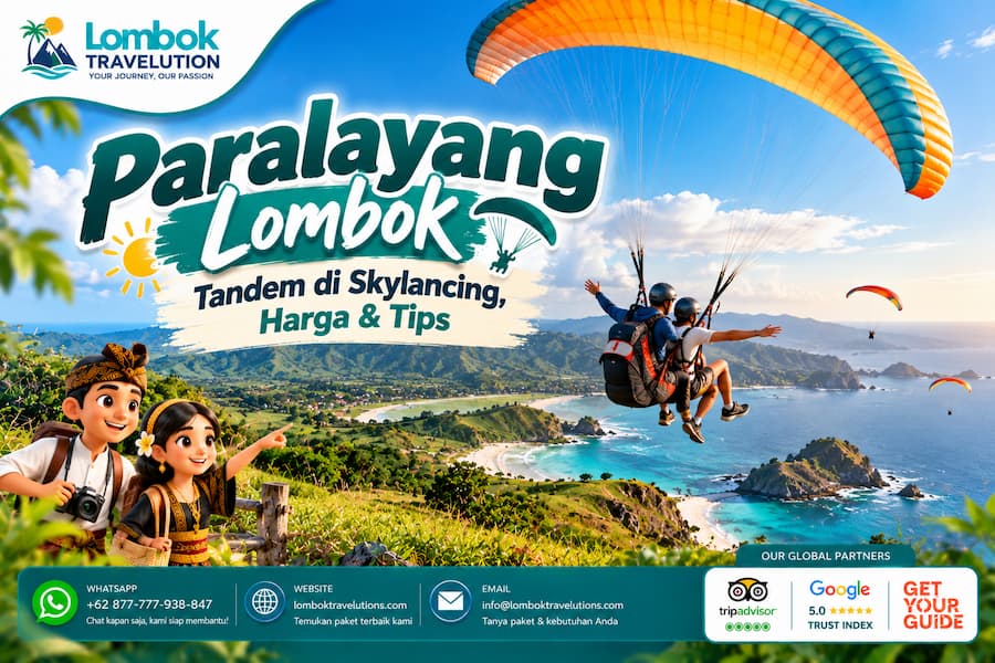 Paralayang Lombok tandem di Skylancing dengan pemandangan laut biru, perbukitan hijau, dan garis pantai Lombok