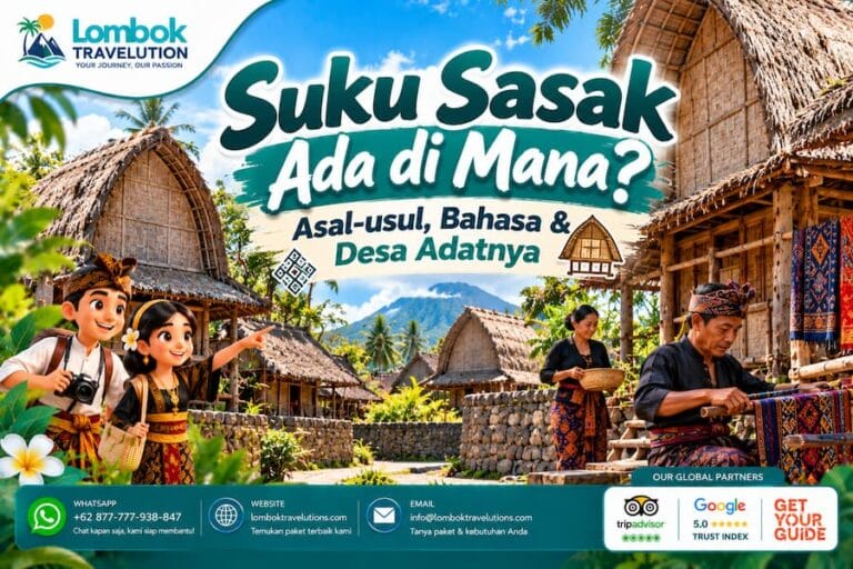 Ilustrasi Suku Sasak di Lombok dengan rumah adat tradisional, kain tenun, dan kehidupan budaya masyarakat Sasak.