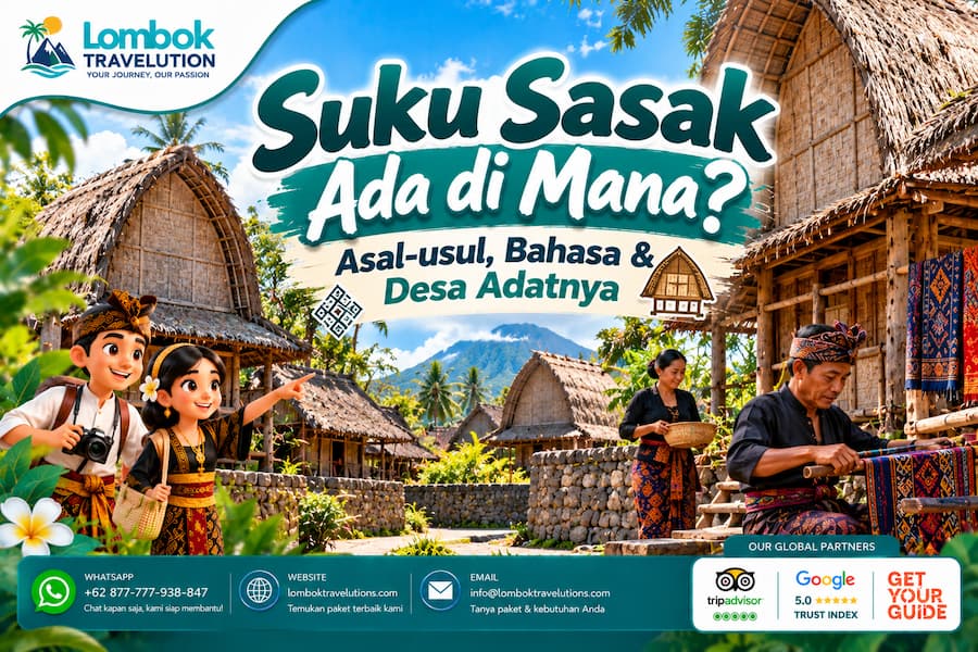 Ilustrasi Suku Sasak di Lombok dengan rumah adat tradisional, kain tenun, dan kehidupan budaya masyarakat Sasak.